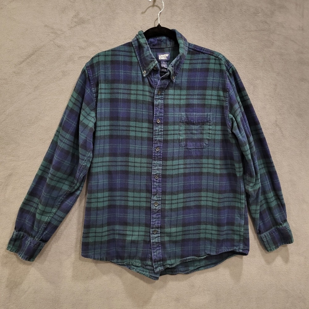 Lands' End Flannel Shirt Men's Size L Tartan Plaid Comfy Warm Cozy Hiking Casual